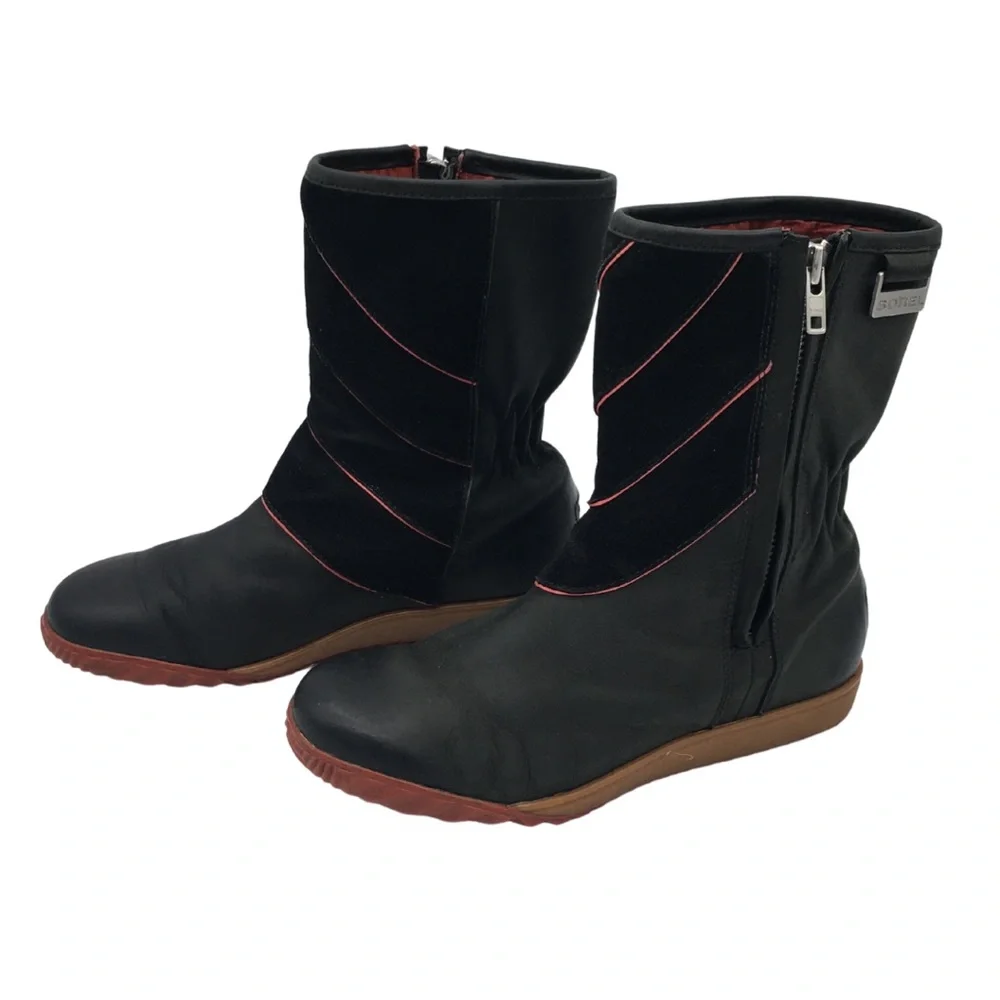 Sorel Firenzy Winter Black & Red Leather Ankle Booties Boots retro Y2K size 7.5